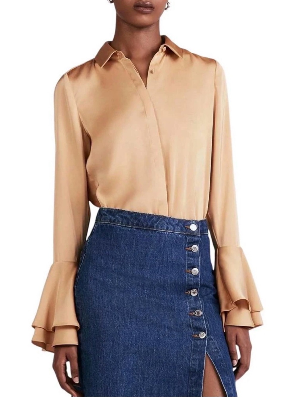 Derek Lam 10 Crosby Selma Satin Button Blouse, Women’s XS, Bell Cuffs, Fawn/Gold
